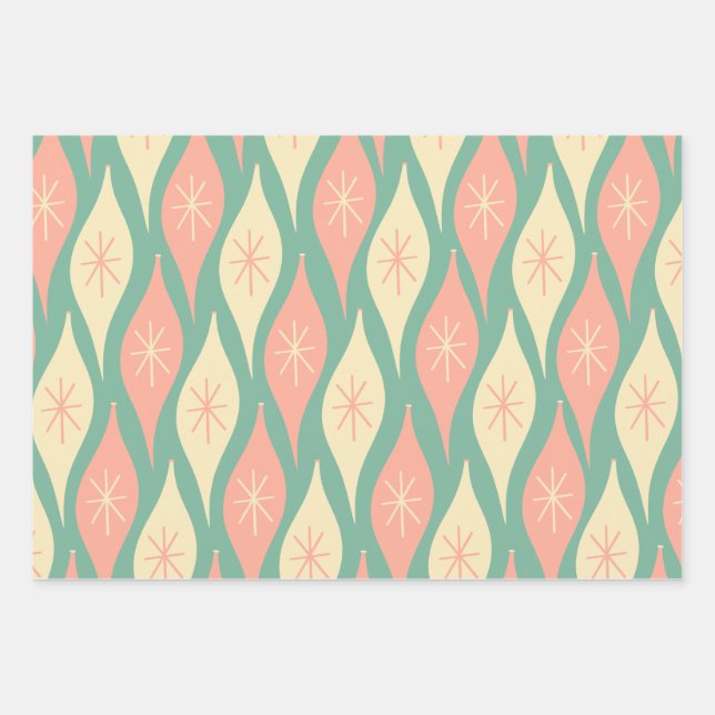 Mid-Century Christmas Ornaments Pattern Pink Mint  Wrapping Paper Sheet (Front)