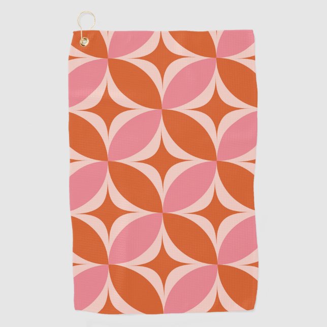 Mid Century Circle Starbursts pink and orange Golf Towel (Front)