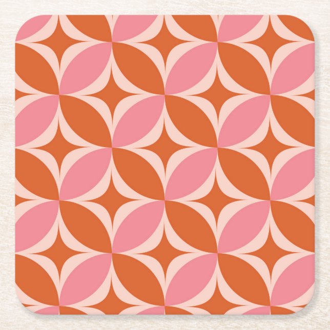 Mid Century Circle Starbursts pink and orange Square Paper Coaster (Front)
