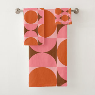 Mid Century Circles and Squares Pink Orange  Bath Towel Set