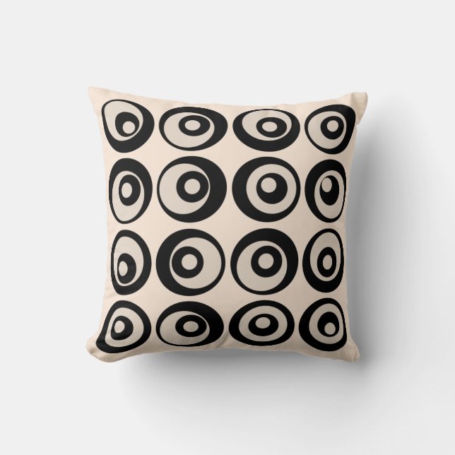 Mid Century Circles Pattern Black And Cream Throw Pillow (Front)