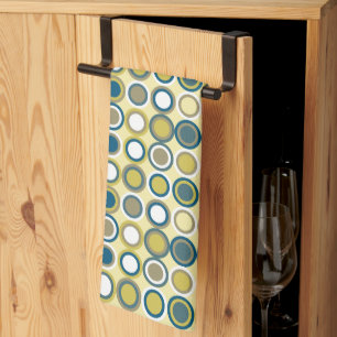 Mid Century Circles Pattern Blue Yellow Tan White Kitchen Towel
