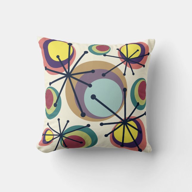 Mid Century Circles Starbursts Colourful Throw Pillow (Front)