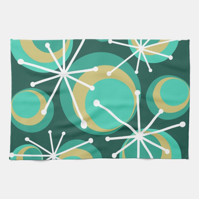 Mid Century Circles Starbursts Teal Kitchen Towel (Horizontal)
