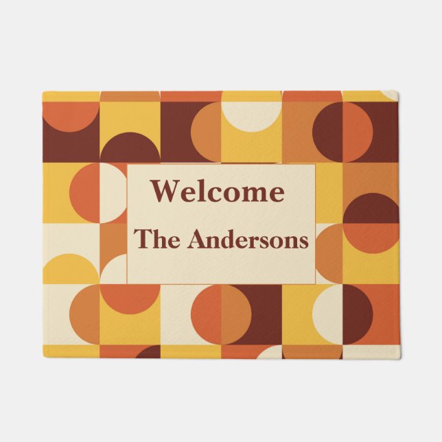 Mid Century circles  yellow orange personalized  Doormat (Front)