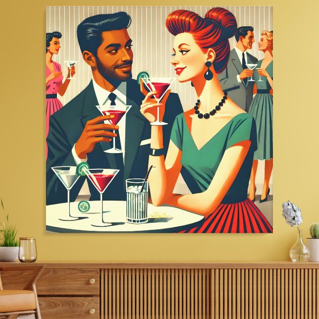 Mid Century Cocktail Party Couples - First Date Canvas Print (Insitu(LivingRoom))