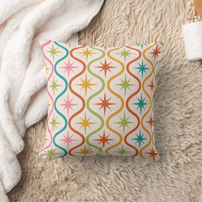 Mid Century Colourful Atomic Starbursts On Ogee  Throw Pillow (Blanket)