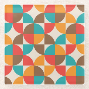 Mid Century Colourful Half Circles Pattern  Glass Coaster