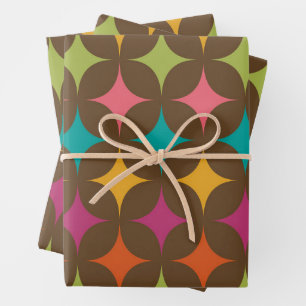Mid Century Colourful Retro Starbursts on Brown  Wrapping Paper Sheet