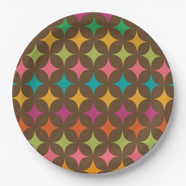 Mid Century Colourful Retro Starbursts Pattern  Paper Plate (Front)