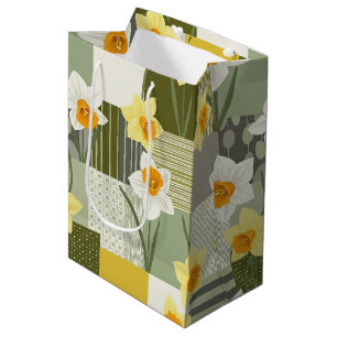 Mid-Century Daffodil Floral Pattern Medium Gift Bag