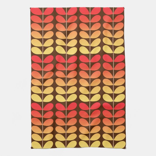 Mid Century Danish Leaves, Brown, Orange & Gold Kitchen Towel (Vertical)
