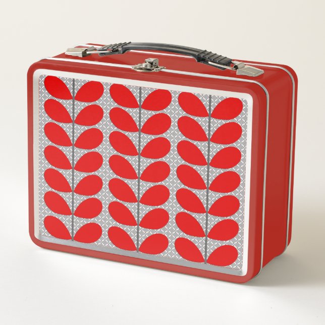 Mid Century Danish Leaves, Deep Red & Grey / Grey  Metal Lunch Box (Front)