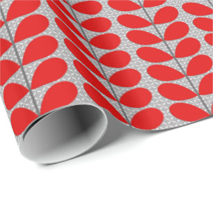 Mid Century Danish Leaves, Deep Red & Grey / Grey Wrapping Paper