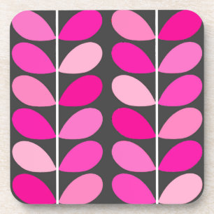 Mid Century Danish Leaves, Fuchsia Pink and Grey Coaster