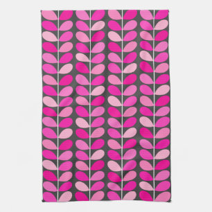 Mid Century Danish Leaves, Fuchsia Pink and Grey Kitchen Towel