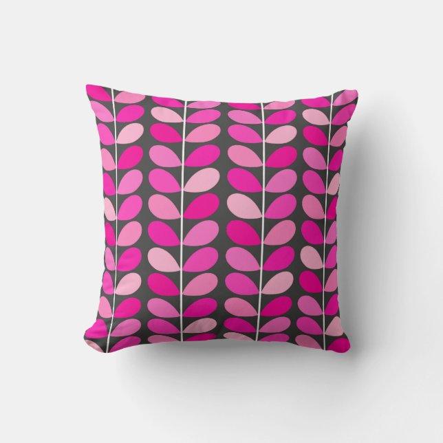 Mid Century Danish Leaves, Fuchsia Pink and Grey Throw Pillow (Front)