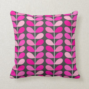 Mid Century Danish Leaves, Fuchsia Pink and Grey Throw Pillow