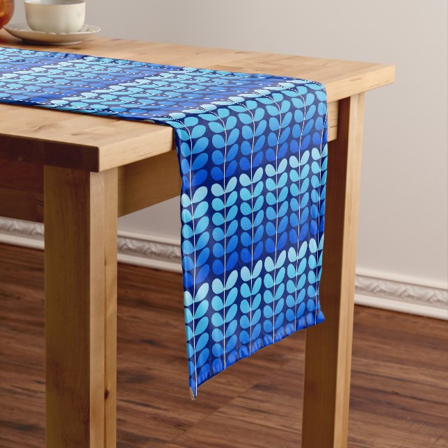 Mid Century Danish Leaves, Navy and Cobalt Blue Short Table Runner (In Situ)
