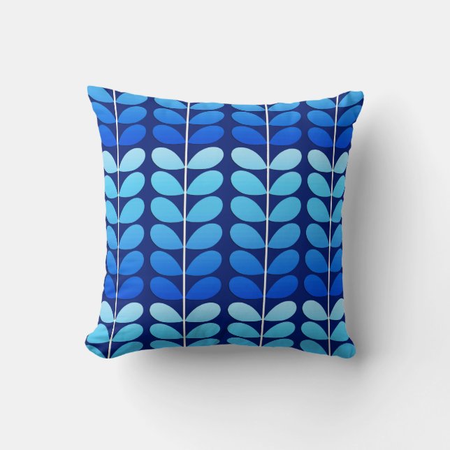 Mid Century Danish Leaves, Navy and Cobalt Blue Throw Pillow (Front)