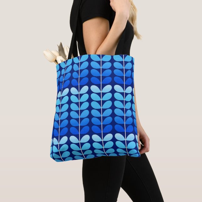Mid Century Danish Leaves, Navy and Cobalt Blue Tote Bag (Close Up)