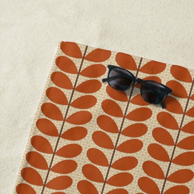 Mid Century Danish Leaves, Rust Brown and Beige Beach Towel (In Situ)