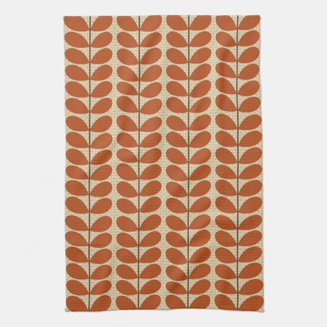 Mid Century Danish Leaves, Rust Brown and Beige Kitchen Towel (Vertical)