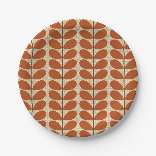 Mid Century Danish Leaves, Rust Brown and Beige Paper Plate (Front)