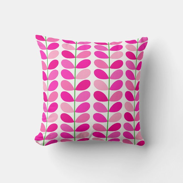Mid Century Danish Leaves, Shades of Fuchsia Pink Throw Pillow (Front)
