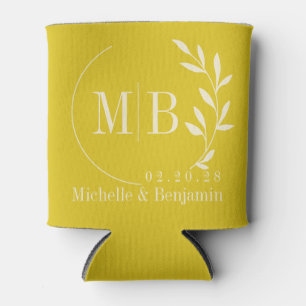 Mid-Century Dark Lemon Leaf Wedding Monogram Can Cooler