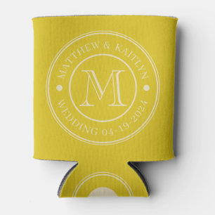 Mid-Century Dark Lemon Wedding Monogram Can Cooler