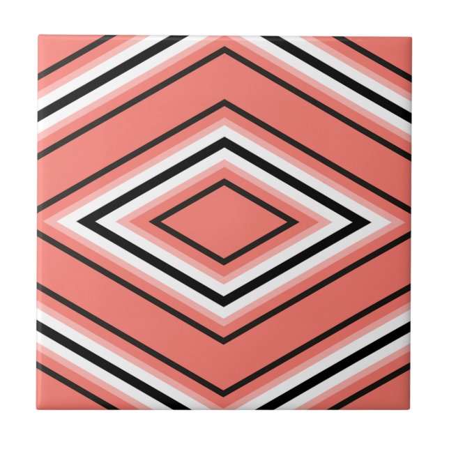 Mid Century Diamond Pattern Coral Black and White  Tile (Front)