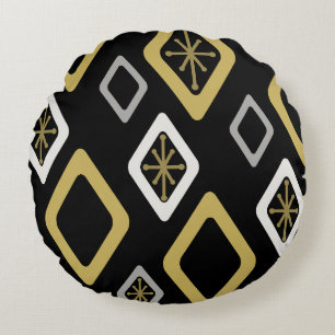 Mid Century Diamonds Black Gold Round Pillow