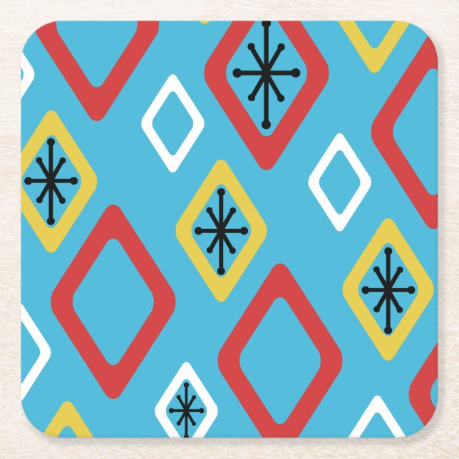 Mid Century Diamonds Blue Red Yellow Square Paper Coaster (Front)