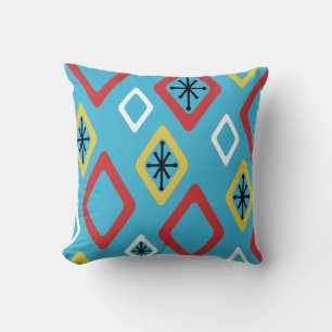 Mid Century Diamonds Blue Red Yellow Throw Pillow