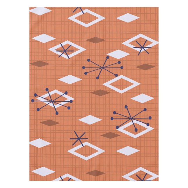 Mid Century Diamonds Starbursts Burnt Orange Tablecloth (Front)