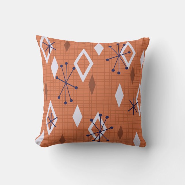 Mid Century Diamonds Starbursts Burnt Orange Throw Pillow (Front)