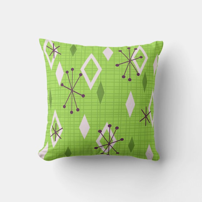 Mid Century Diamonds Starbursts Chartreuse Throw Pillow (Front)