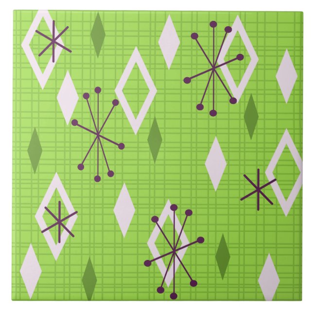 Mid Century Diamonds Starbursts Chartreuse Tile (Front)