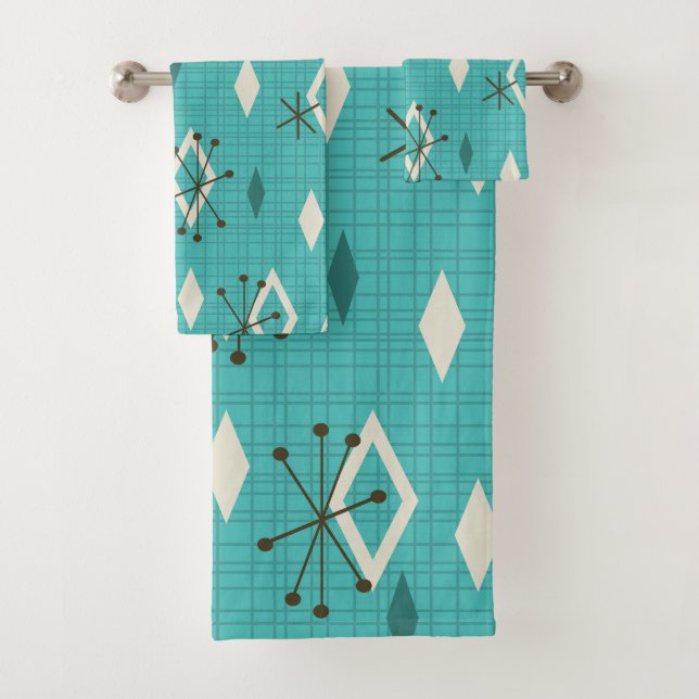Mid Century Diamonds Starbursts Turquoise Bath Towel Set (Insitu)