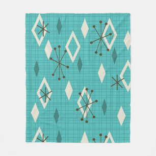 Mid Century Diamonds Starbursts Turquoise Fleece Blanket