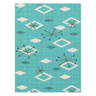 Mid Century Diamonds Starbursts Turquoise Tablecloth