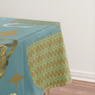 Mid Century Dusty Blue Teacup Pattern Tablecloth