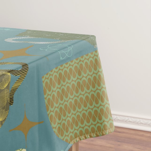 Mid Century Dusty Blue Teacup Pattern Tablecloth (In Situ)