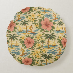 Mid Century Faded Hawaiian Shirt Print Round Pillow