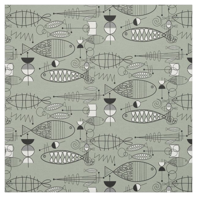 Mid-Century Fish Art Black White Green Fabric (Swatch)