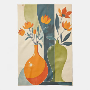 Mid-century Floral Smokey Blue Olive Green Pumpkin Kitchen Towel