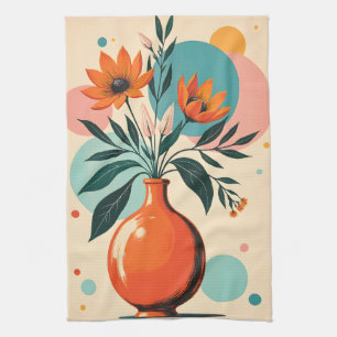 Mid-century Floral Terra Cotta Turqouise Pink Kitchen Towel