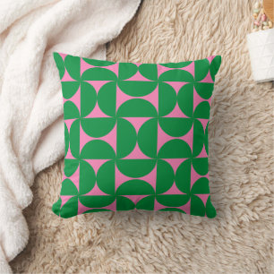 Mid Century Forest Green & Pink Geometric Abstract Throw Pillow