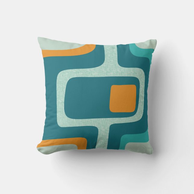 Mid Century Funky Abstract Aqua, Orange, Teal Throw Pillow (Front)